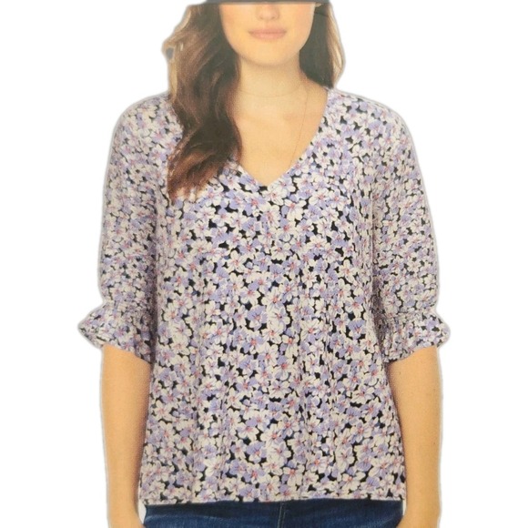 Well Worn Tops - New With Tags Ladies' Size XXL V-Neck Pleated Blouse, Periwinkle‎ Blue Print